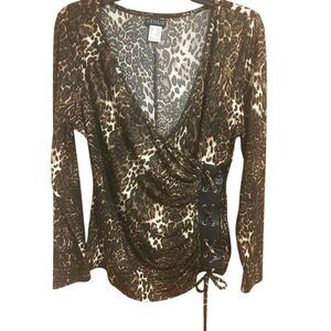 Venus Women’s Size L Leopard Print V-Neck Tunic Top Blouse Faux Leather Tie Acce